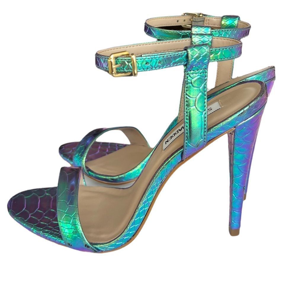 Steven Madden Carmelina Turquoise Metallic Snake-Embossed Sandal - Picture 16 of 16